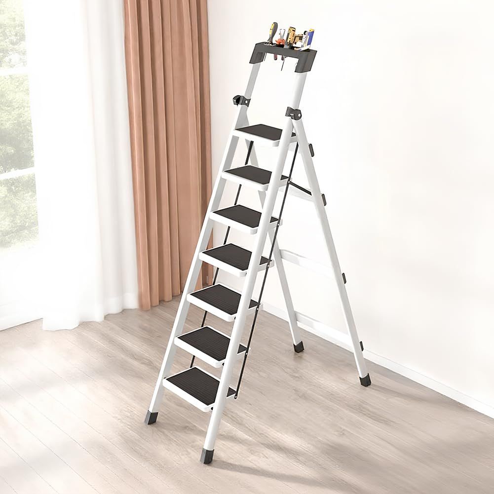 伸 脚立 踏み台 軽量伸縮自在 折りたたみ はしご 持ち運び便利 室内屋外両用 作業に便利な工具台付き 梯子 制 耐荷重150kg 省スペース 白 7段