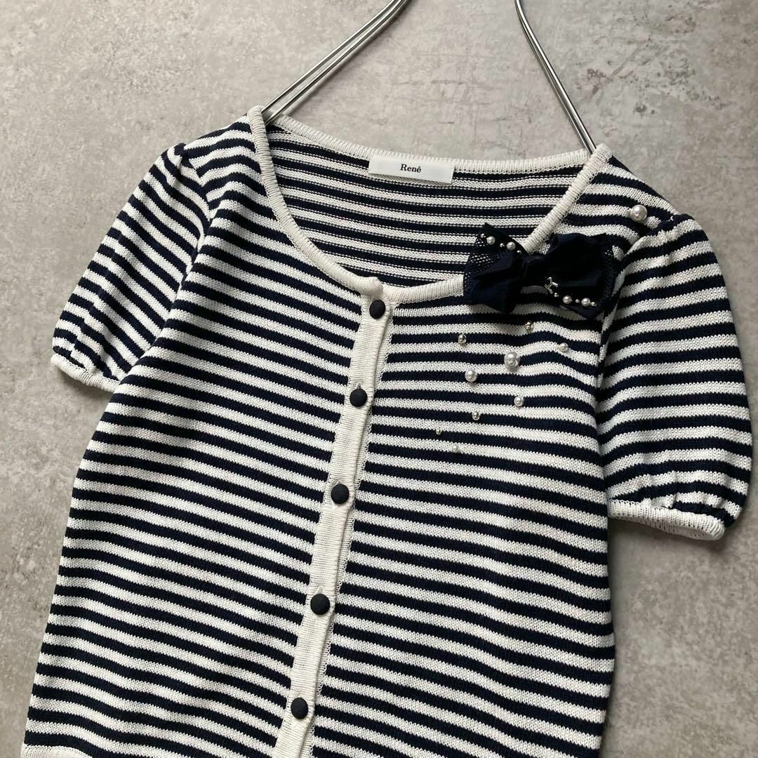 ルネ 半袖ボーダーニットカーディガン りぼん ブローチ付き ビーズ ネイビー ホワイト Rene