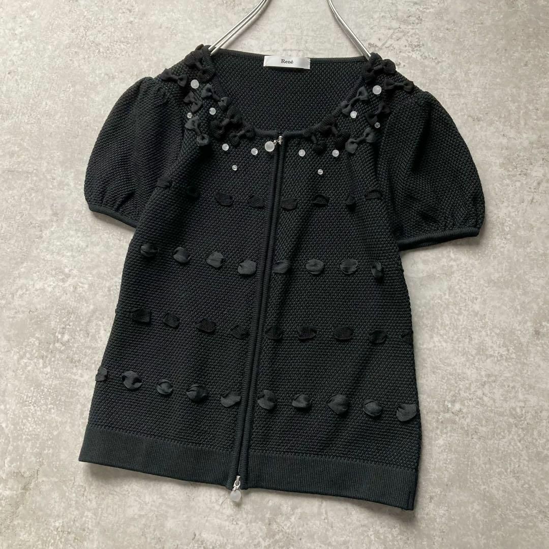ルネ Rene 半袖ニットカーディガン Wビーズスライダー りぼんたくさん ブラック 黒
