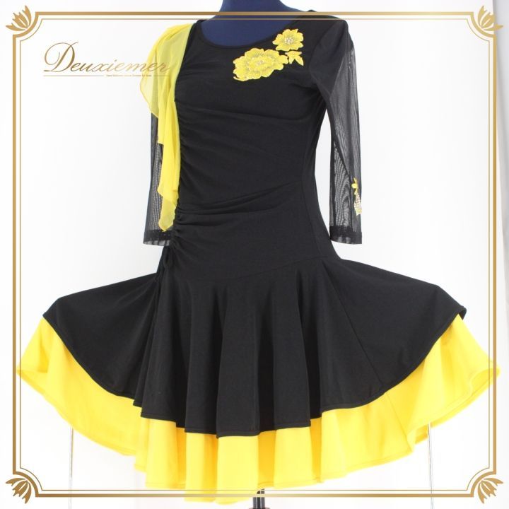 社交ダンス 衣装 ラテン ドレス ワンピース パーティ衣装 女性用 レディース オールシーズン 黒 黄色 ラインストーン ブラック系 イエロー系 ICHIOKU イチオク フ スカート セクシー おしゃれ 発表会 ダンスパフォーマンス 楽器演奏 ショート丈