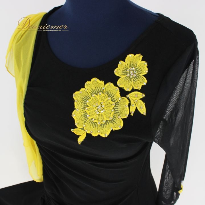 社交ダンス 衣装 ラテン ドレス ワンピース パーティ衣装 女性用 レディース オールシーズン 黒 黄色 ラインストーン ブラック系 イエロー系 ICHIOKU イチオク フ スカート セクシー おしゃれ 発表会 ダンスパフォーマンス 楽器演奏 ショート丈