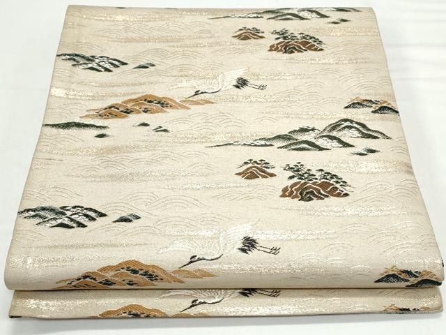 平和屋着物◎アンティーク 大正ロマン 丸帯 飛鶴風景文 金糸 正絹 逸品