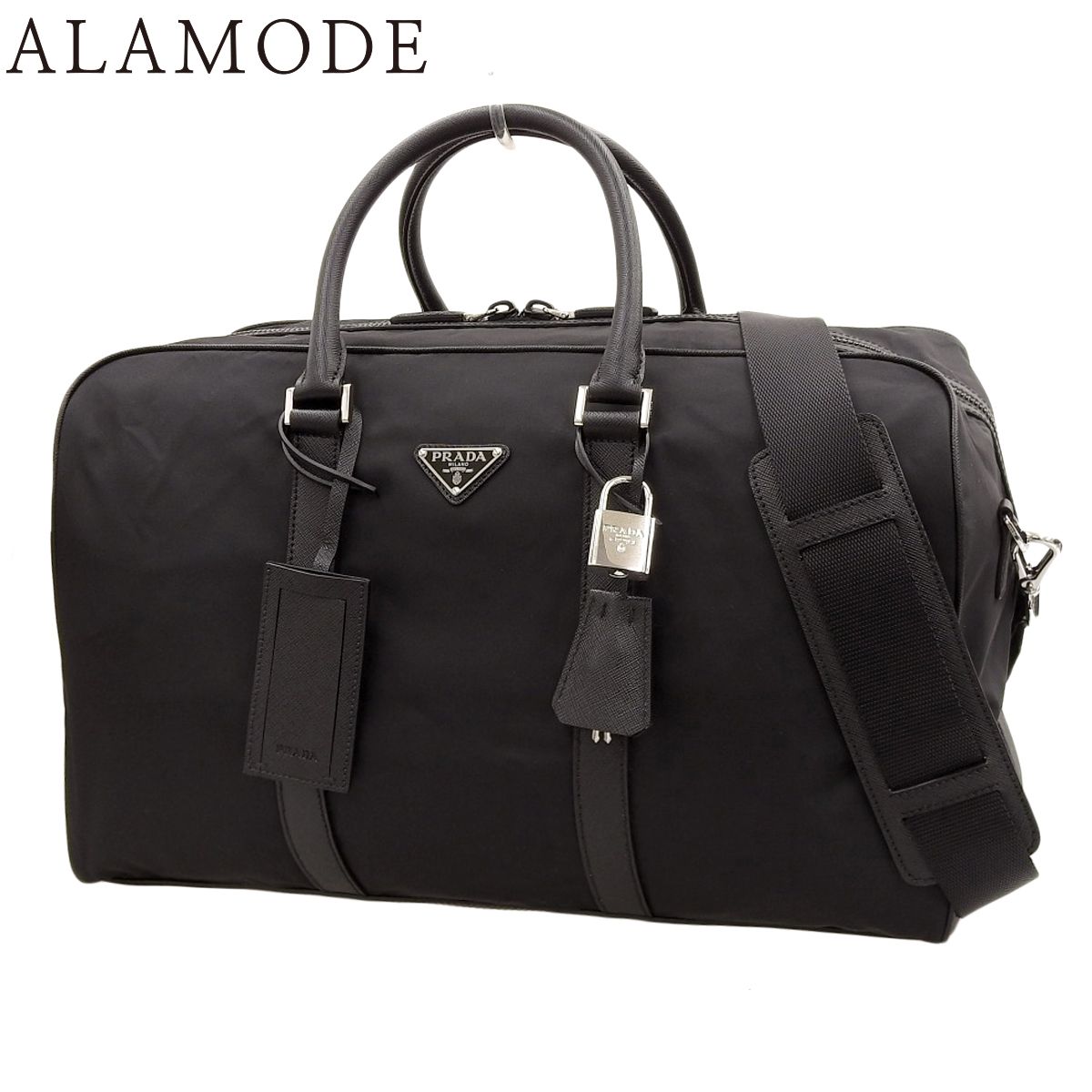 PRADA プラダ ロゴプレート ボストンバッグ ボストンバッグ 2WAY ショルダー 旅行バッグ トラベルバッグ ナイロン サフィアーノレザー ブラック黒 シルバー金具 メンズ 40802161480 アラモード