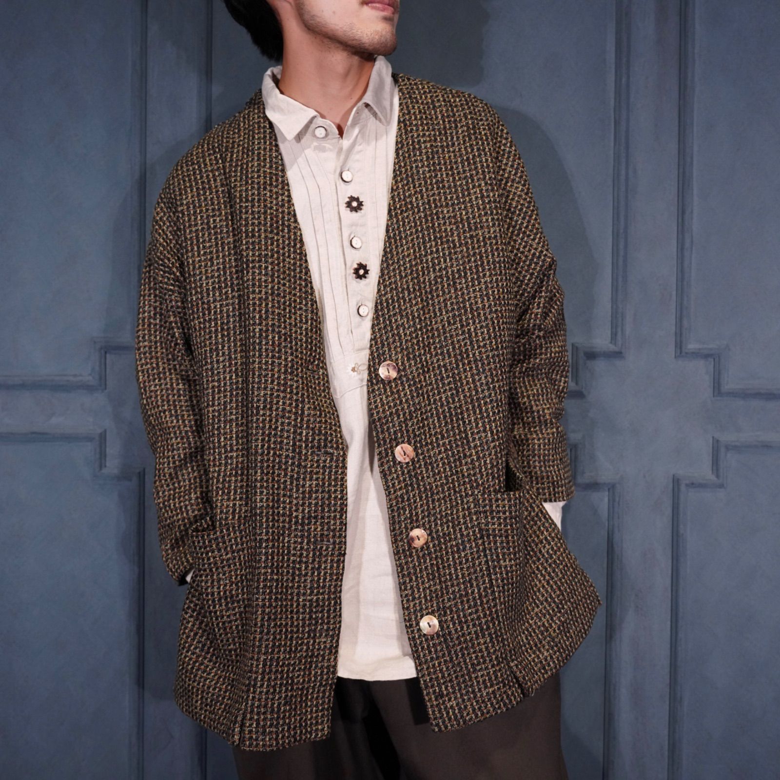 USA VINTAGE Scara HAMBURG NO COLLAR DESIGN CARDIGAN LIKE TWEED JACKET アメリカ古着ノー デザインカーディガン風ツイードジャケット