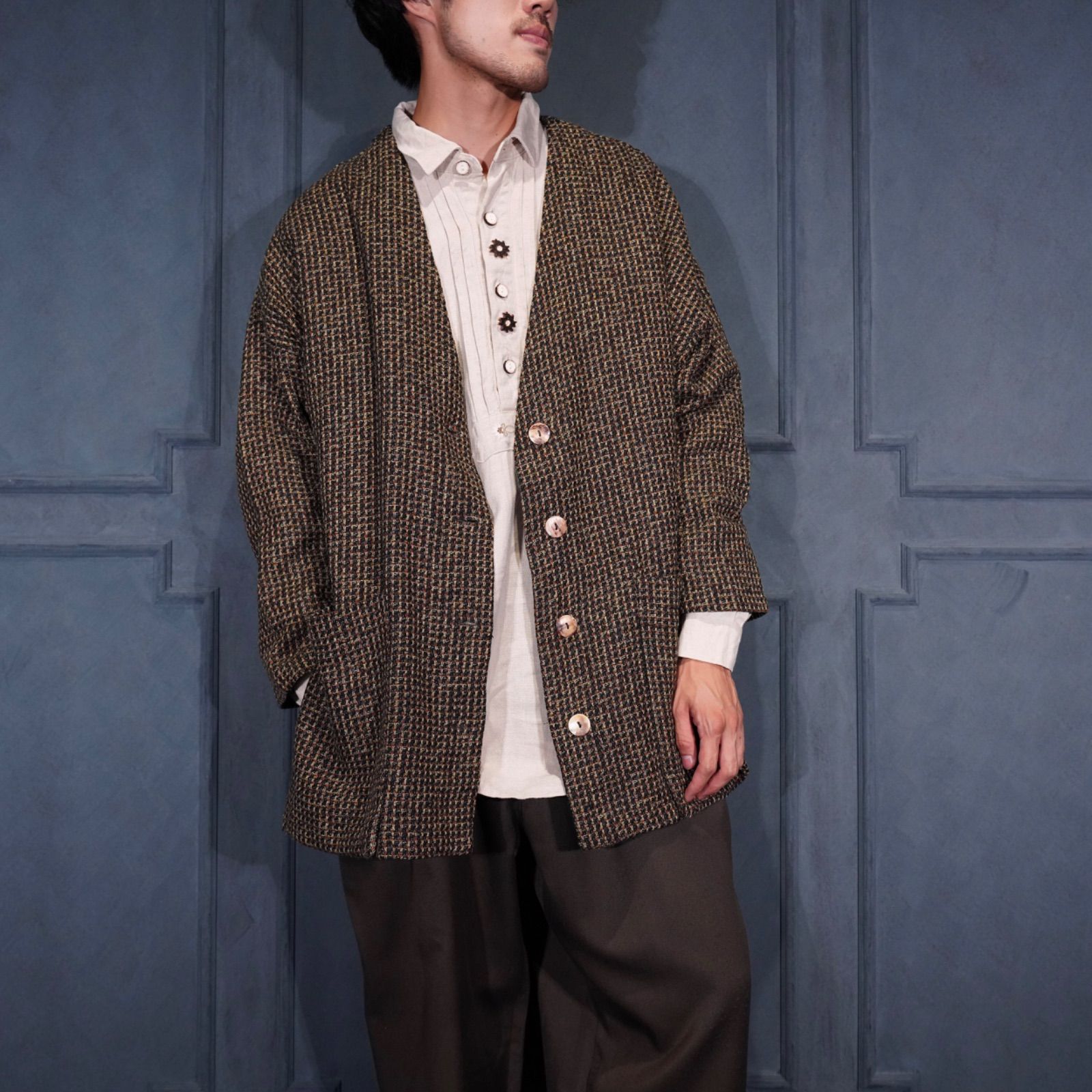 USA VINTAGE Scara HAMBURG NO COLLAR DESIGN CARDIGAN LIKE TWEED JACKET アメリカ古着ノー デザインカーディガン風ツイードジャケット
