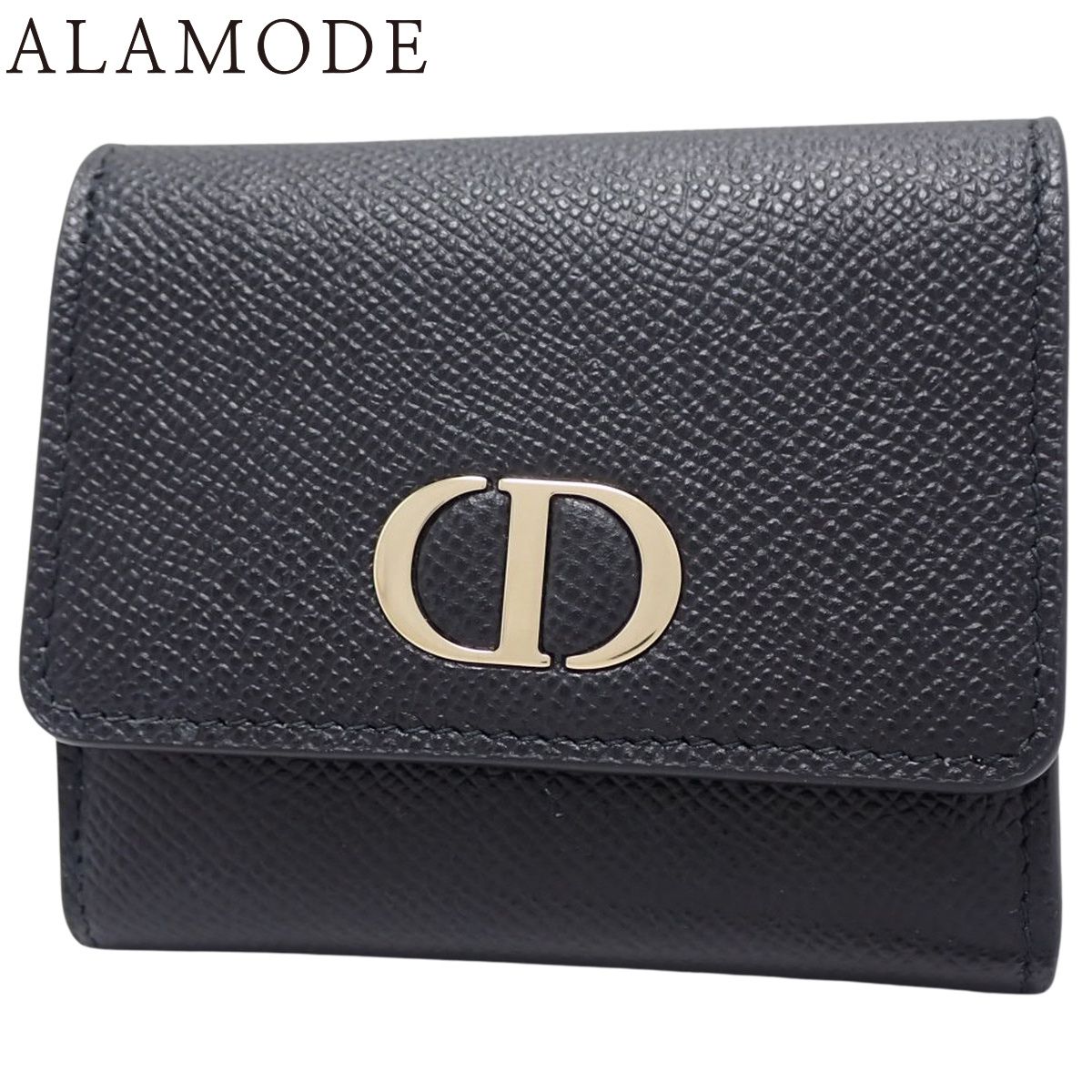 Christian Dior クリスチャン ディオール 三つ折り ウォレット コンパクトウォレット 3つ折り ミニ財布 CDロゴ 型押し レザー ブラック黒 シャンパンゴールド金具 レディース 40802160984 アラモード