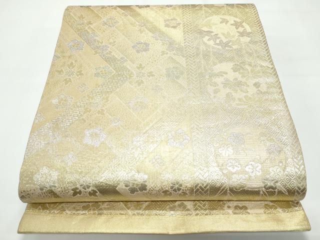 専用です★逸品　クリーニング済み　手描き友禅　正絹綸子に糸巻き、花丸文 手描友禅染 染帯 すすきに花丸文(岩桜、すみれ、撫子、菊