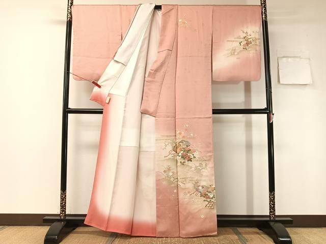 平和屋着物○色留訪問着 小千谷紬 横段更紗吉祥花文