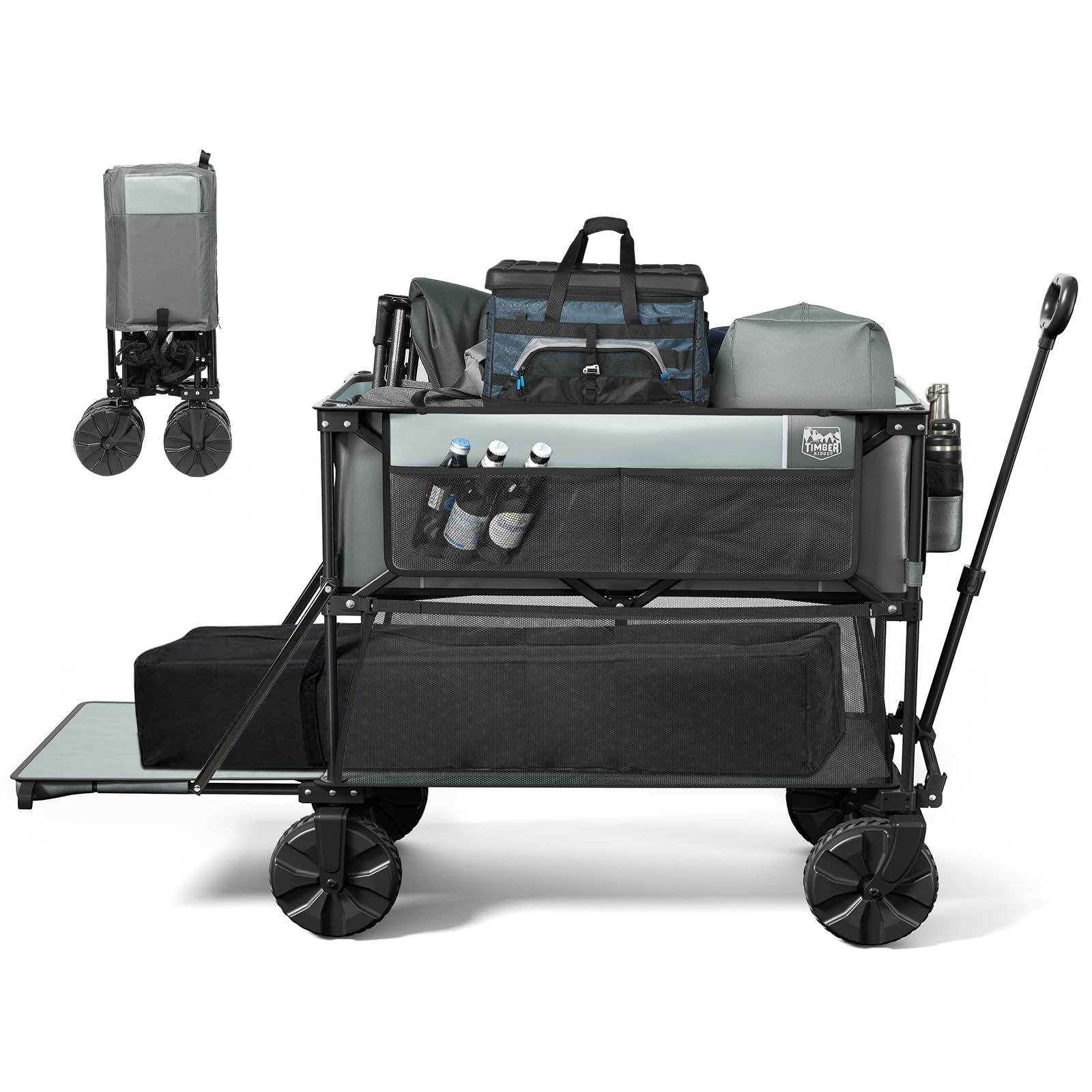TIMBER RIDGE アウトドアワゴン 2階建てキャリーワゴン 折りたたみ キャリーカート 収束式 長物対応 全地形対応 自立収納 大容量 400L 耐荷重204kg アウトドアキャリー キャンプ グレー