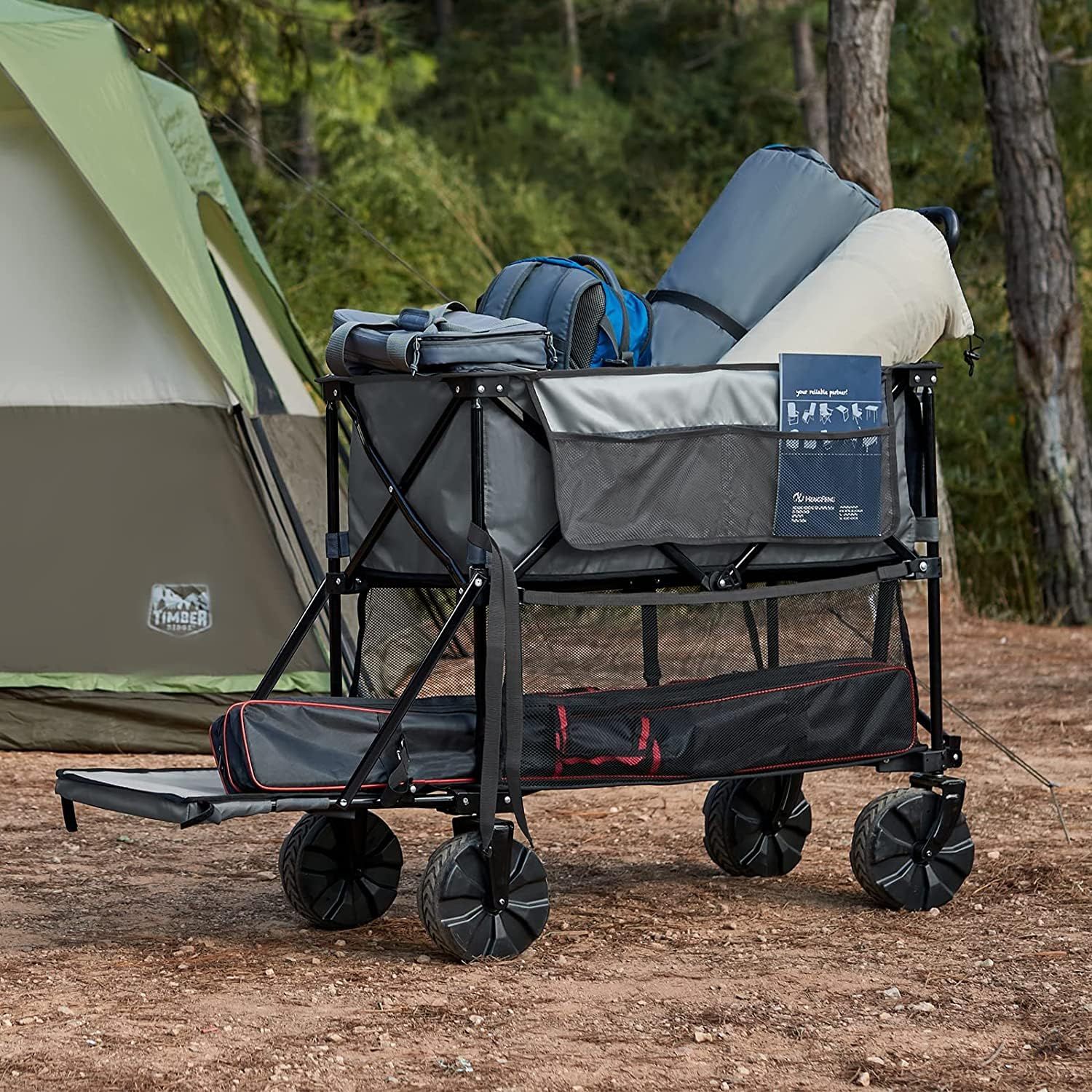 TIMBER RIDGE アウトドアワゴン 2階建てキャリーワゴン 折りたたみ キャリーカート 収束式 長物対応 全地形対応 自立収納 大容量 400L 耐荷重204kg アウトドアキャリー キャンプ グレー