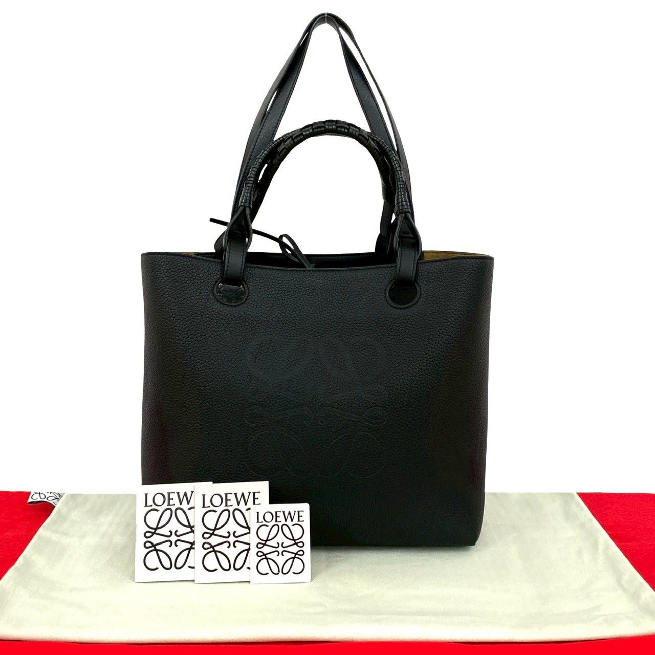 袋付 LOEWE ロエベ アナグラム トート 型押し ロゴ レザー 本革 トートバッグ ハンドバッグ セミショルダーバッグ ブラック 65470