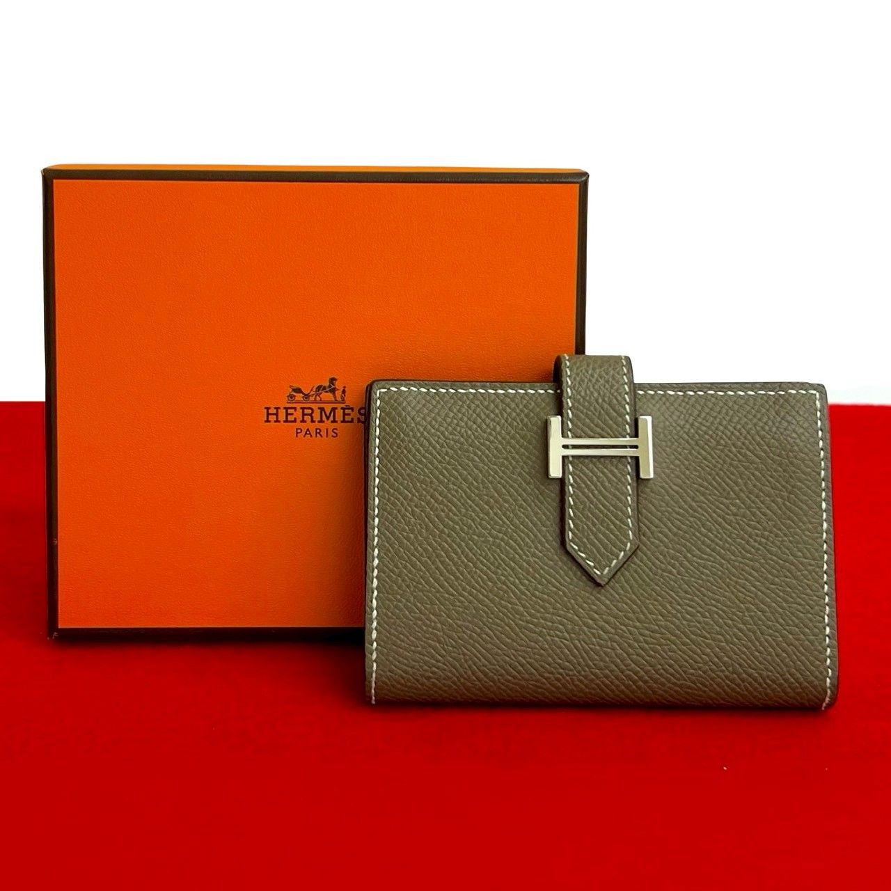 B 刻印 HERMES エルメス ベアン ミニ カードケース ヴォーエプソン カードケース 名刺入れ パスケース エトゥープ 09083