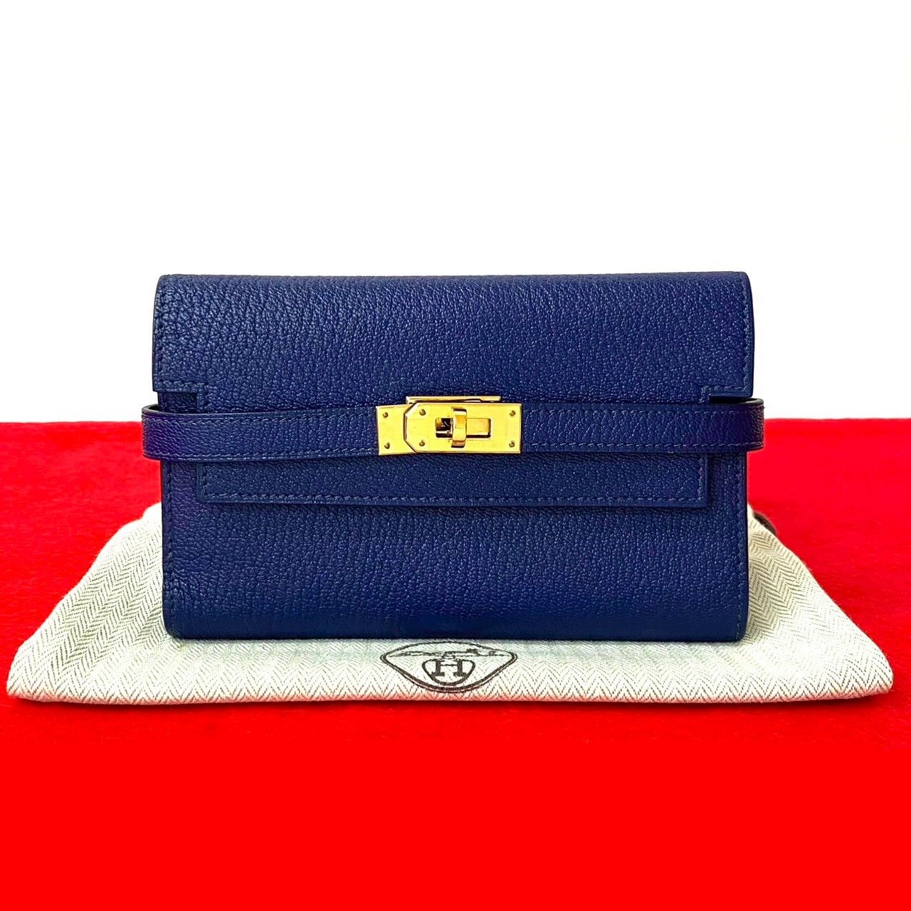 袋付 C 刻印 HERMES エルメス ケリーウォレット ミディアム シェーブル レザー 本革 三つ折り 財布 ネイビー 34958