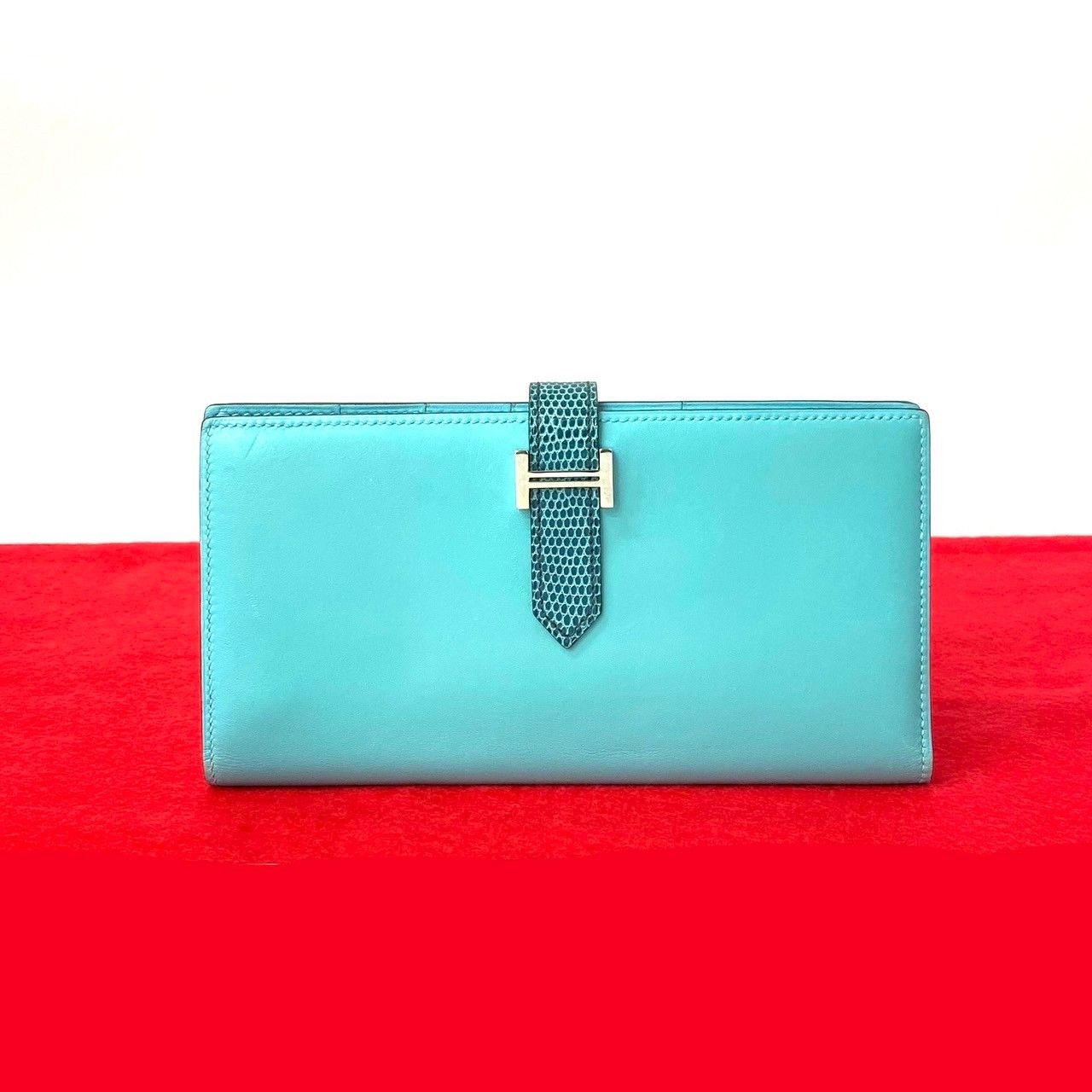 T 刻印 HERMES エルメス ベアン スフレ リザード タデラクト レザー 本革 長財布 ブルーアトール ブルーぺトロール 29271