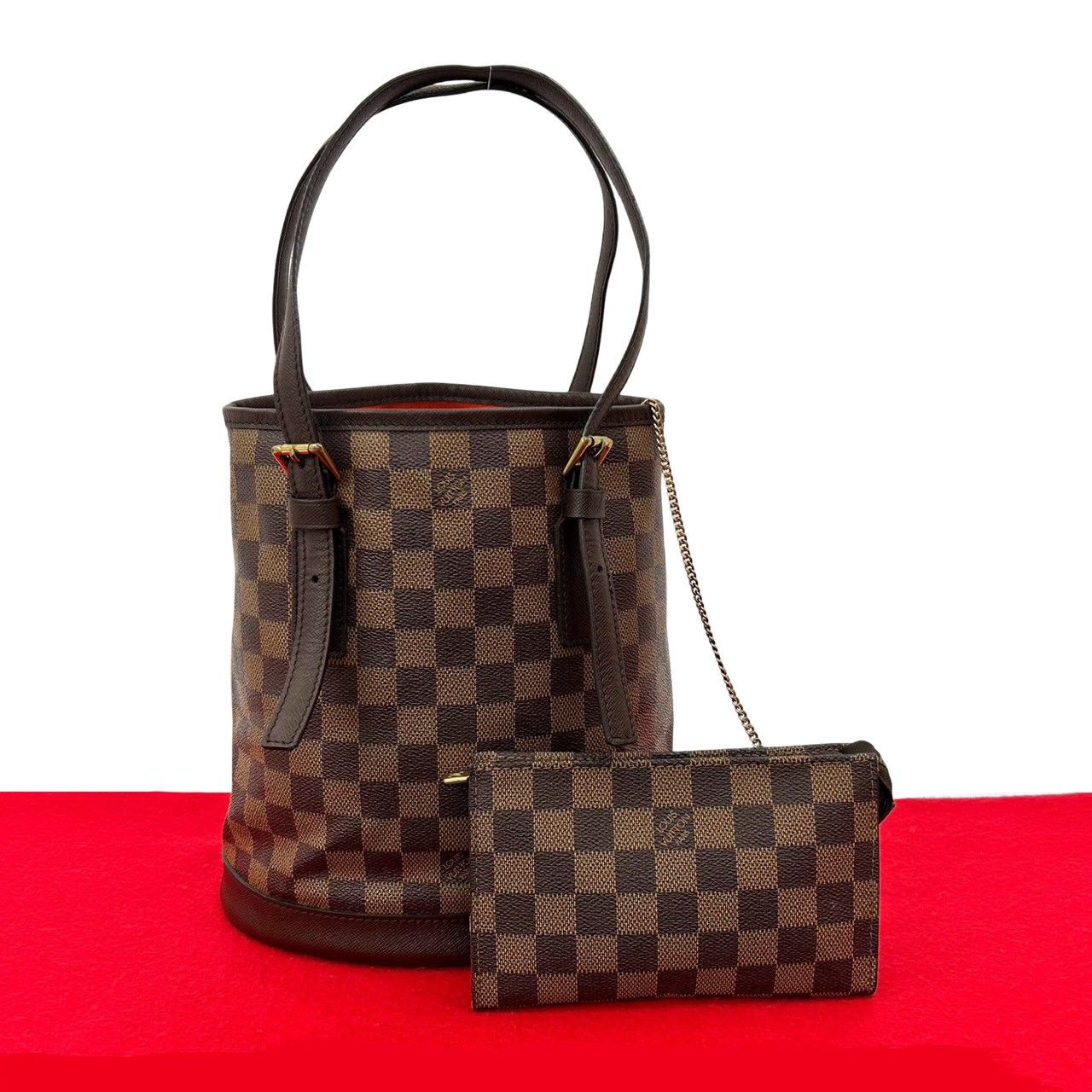 ポーチ付き LOUIS VUITTON ルイヴィトン ヴィンテージ マレ ダミエ レザー トートバッグ セミ ショルダーバッグ ブラウン 45023