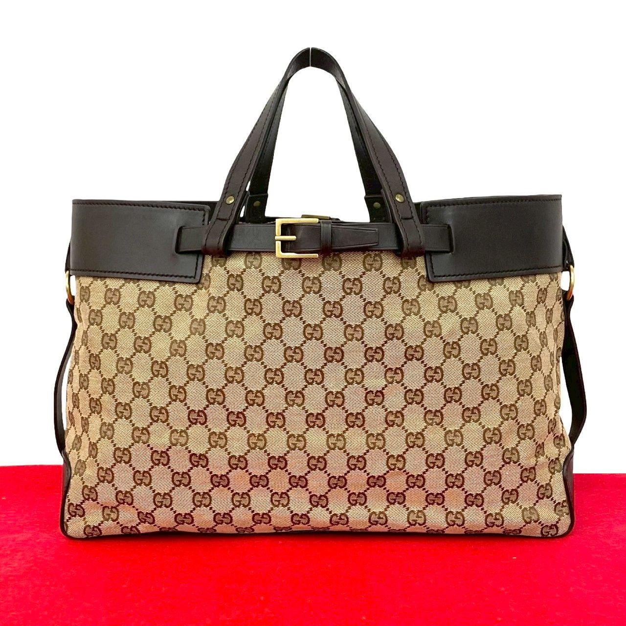 品 GUCCI グッチ GG ロゴ ベルト金具 キャンバス レザー 本革 トートバッグ ハンドバッグ ビジネスバッグ ブラウン 04393