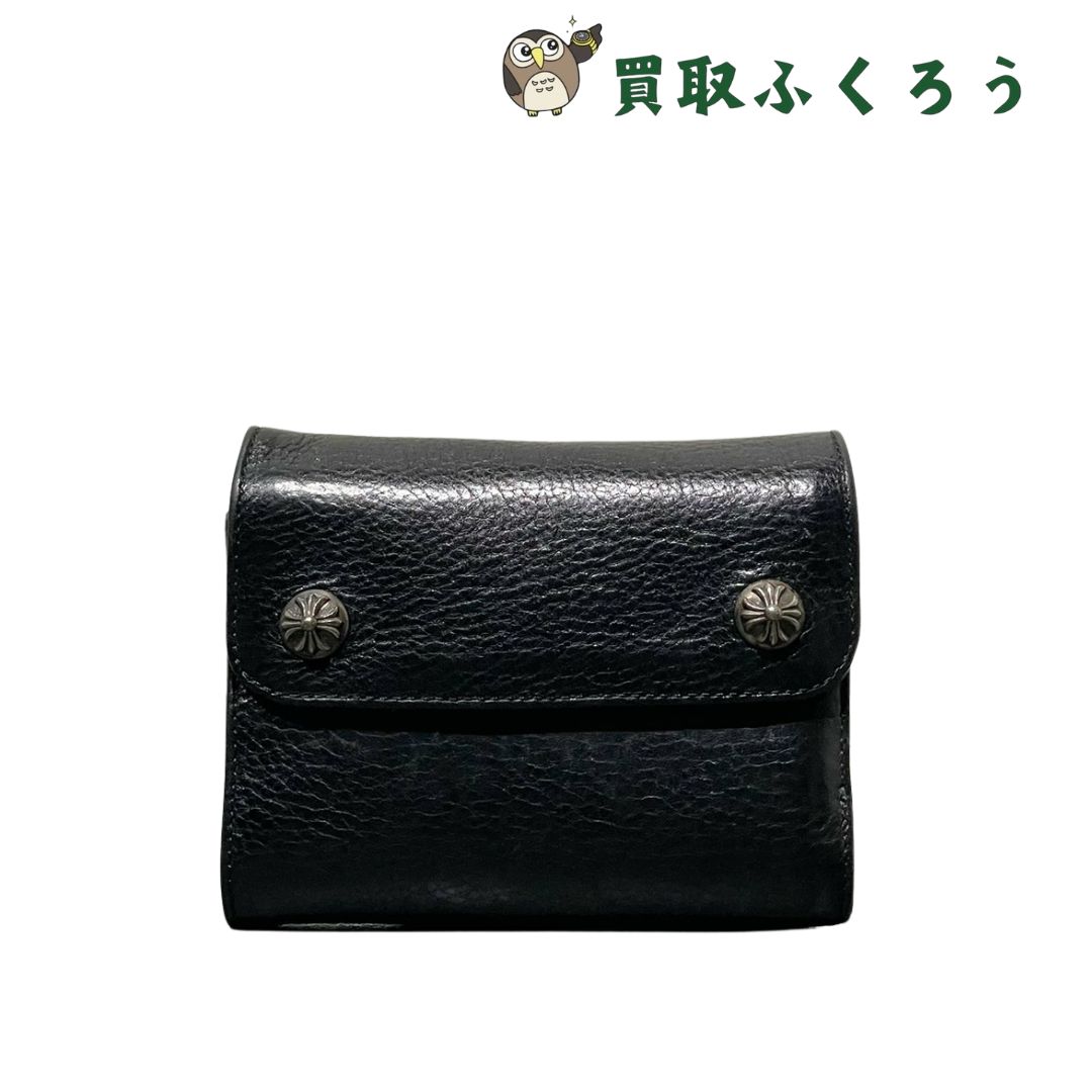 クロムハーツ Chrome Hearts ウェーブミニウォレット 三つ折り財布 レザー ダガージップ クロスボールボタン ブラック 黒
