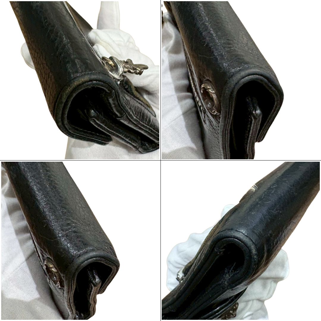 クロムハーツ Chrome Hearts ウェーブミニウォレット 三つ折り財布 レザー ダガージップ クロスボールボタン ブラック 黒