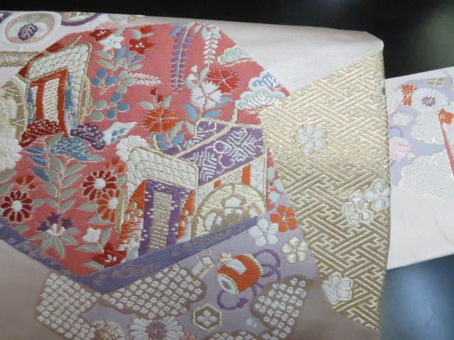 国画会準会員 鈴木紀絵 型絵染 「雲と鳥文様」 絞り 紬地 九寸名古屋帯 全通 国画会準会員 鈴木紀絵 型絵染 「雲と鳥文様」 絞り 紬地 九寸名古屋帯