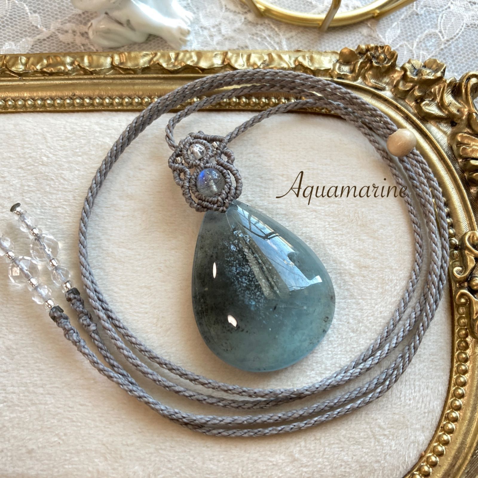 ブラックモス アクアマリン 大きめサイズ マクラメネックレス 金属アレルギー対応 ネックレス