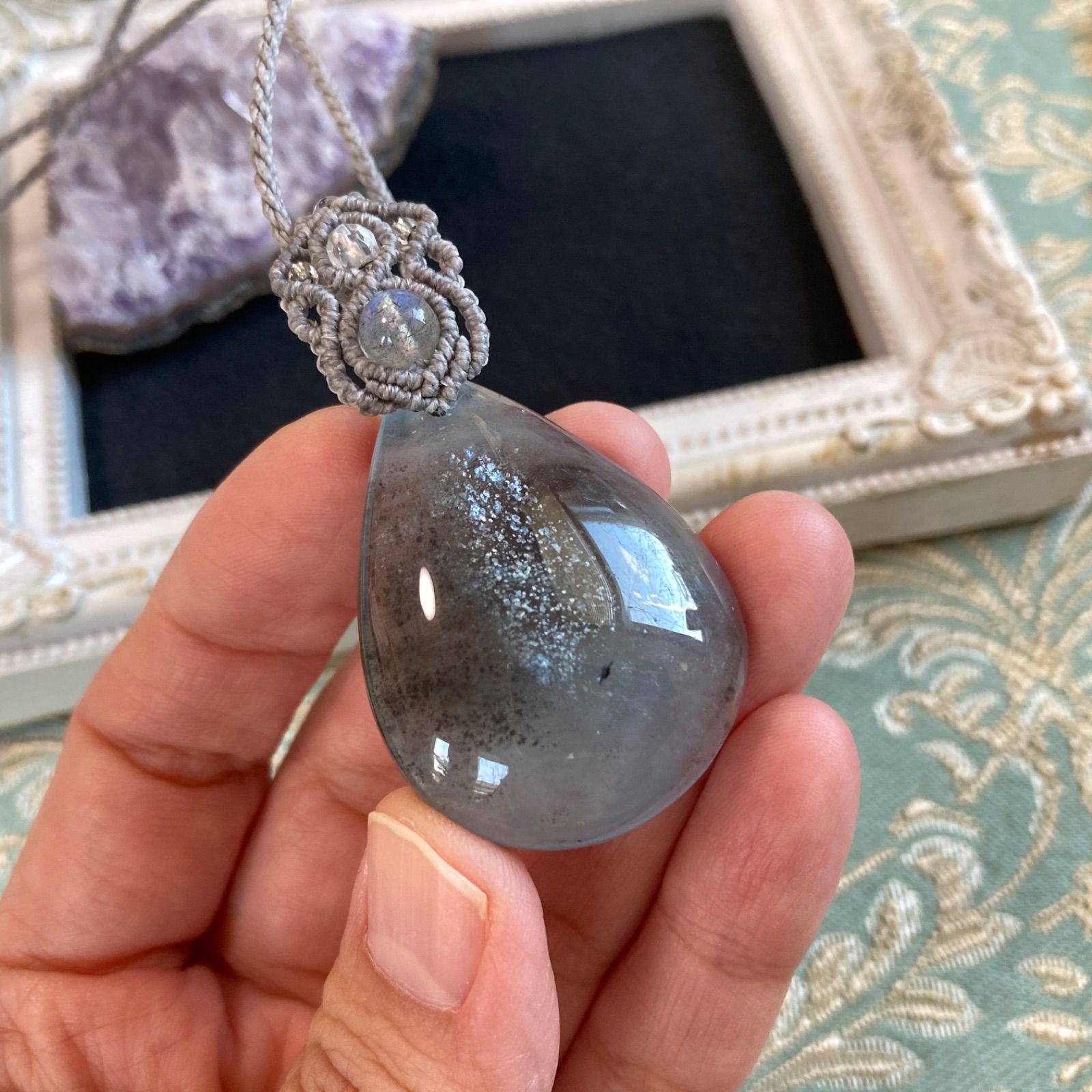 ブラックモス アクアマリン 大きめサイズ マクラメネックレス 金属アレルギー対応 ネックレス NEXPOTALLINN_EU