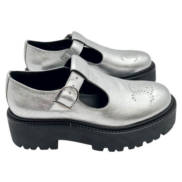 セリーヌ CELINE ローファー メリージェーン ストラップ シルバー色 36 約23cm レディース S5X026