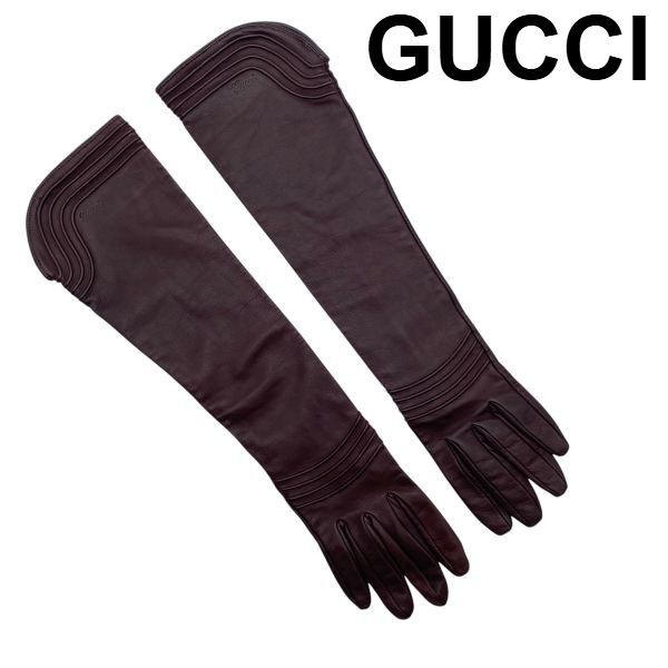 グッチ GUCCI ロンググローブ 長手袋 ロゴ型押し オペラグローブ ファッション小物 バーガンディ レザー レディース 5E231