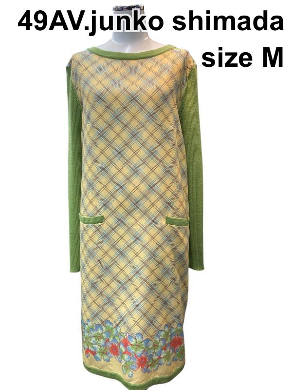 ジュンコシマダ JUNKO SHIMADA ニット ワンピース 長袖 ロング リブニット グリーン 黄色 ウール混 38 M 9号 レディース B5Y004