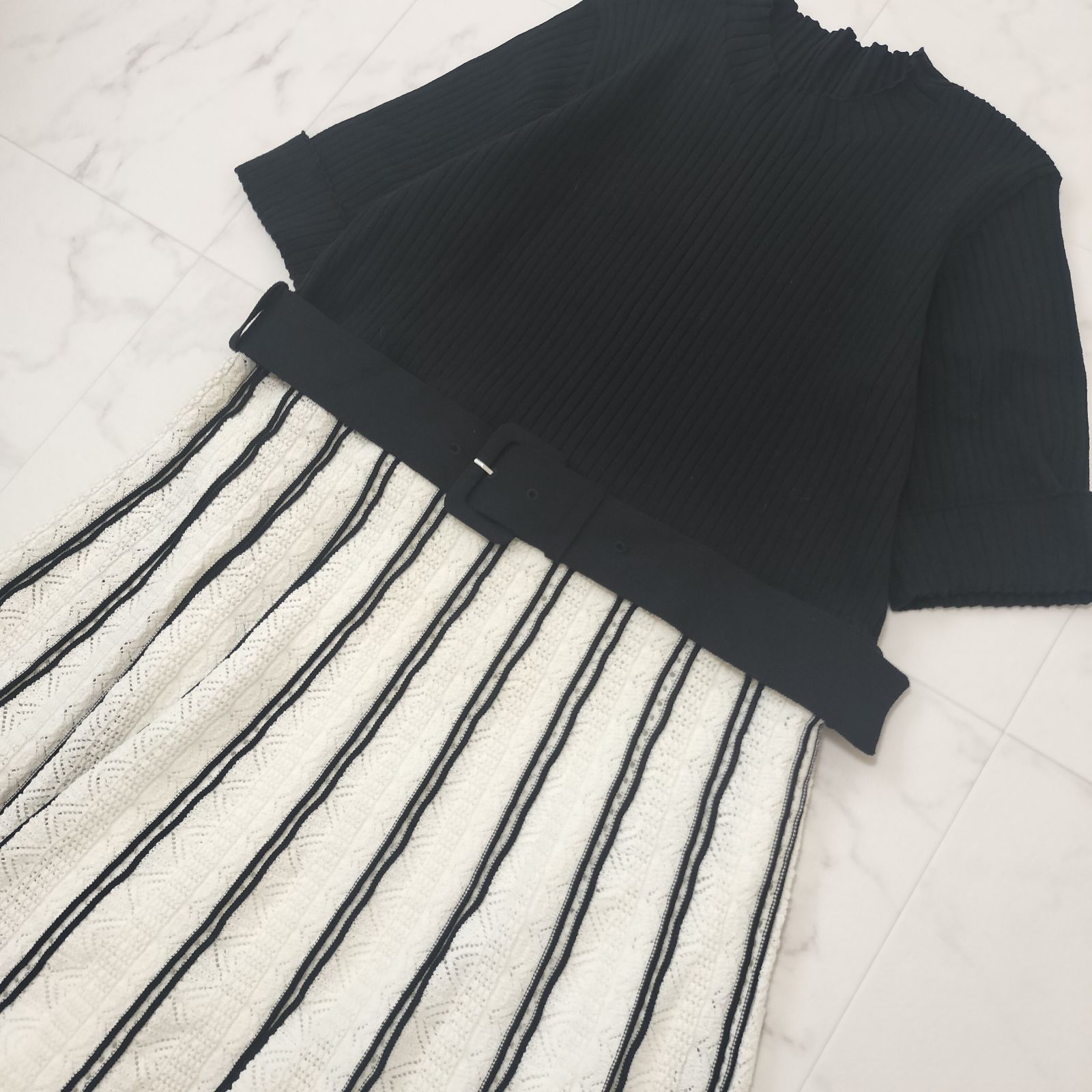 Rose Tiara ローズティアラ バイ ニットワンピース プリーツ ベルト付き 46 3XL 大きいサイズ