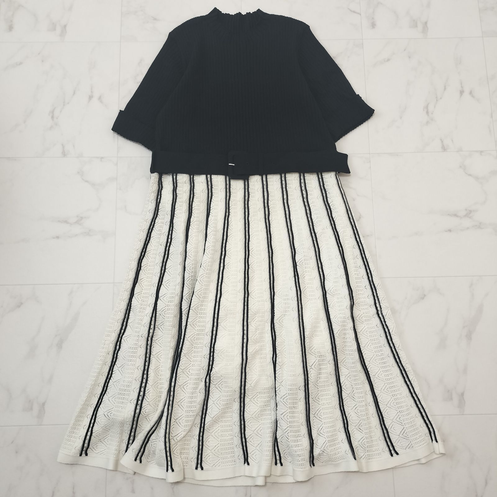 Rose Tiara ローズティアラ バイ ニットワンピース プリーツ ベルト付き 46 3XL 大きいサイズ