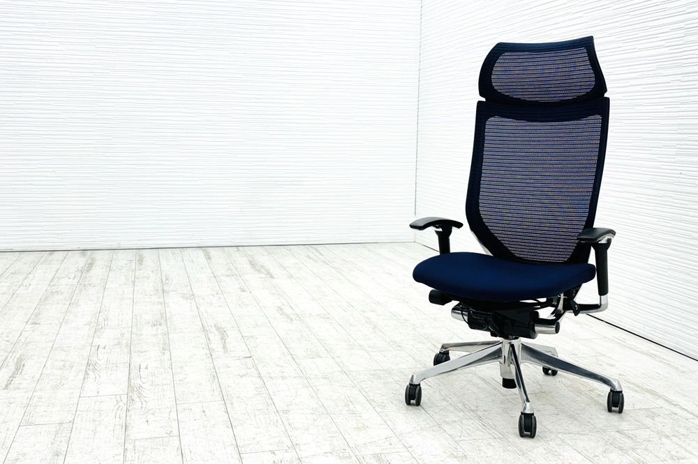 オカムラ バロンチェア Baron エクストラハイバック 可動肘 オフィス家具 固定ヘッドレスト ポリッシュフレーム ダークブルー A000003443