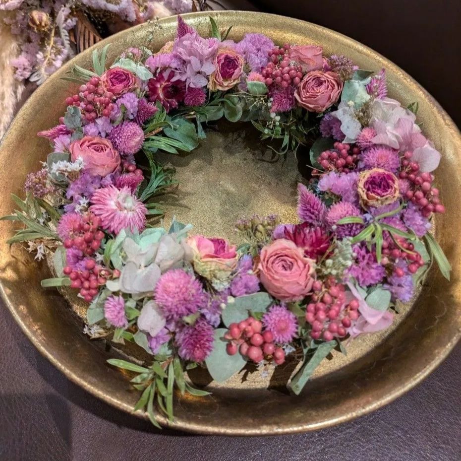 popwood》ドライフラワーピンクパープル系ラウンドリース 直径約25cm