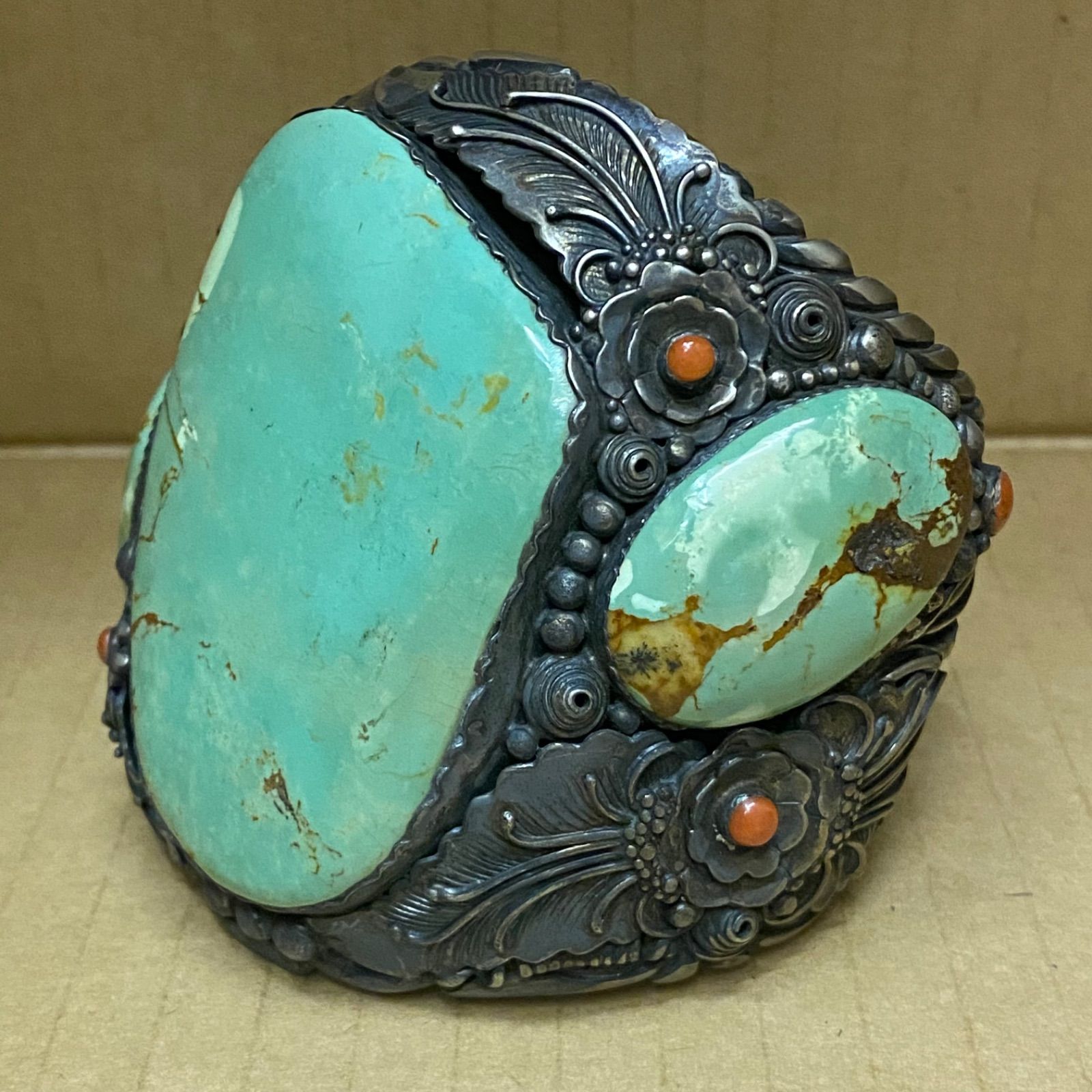 グリーンターコイズ ブレスレット バングル ハンドメイド クラスタータイプ Silver925 腕 ネイティブ インディアン メンズ バイカー インディアンジュエリー