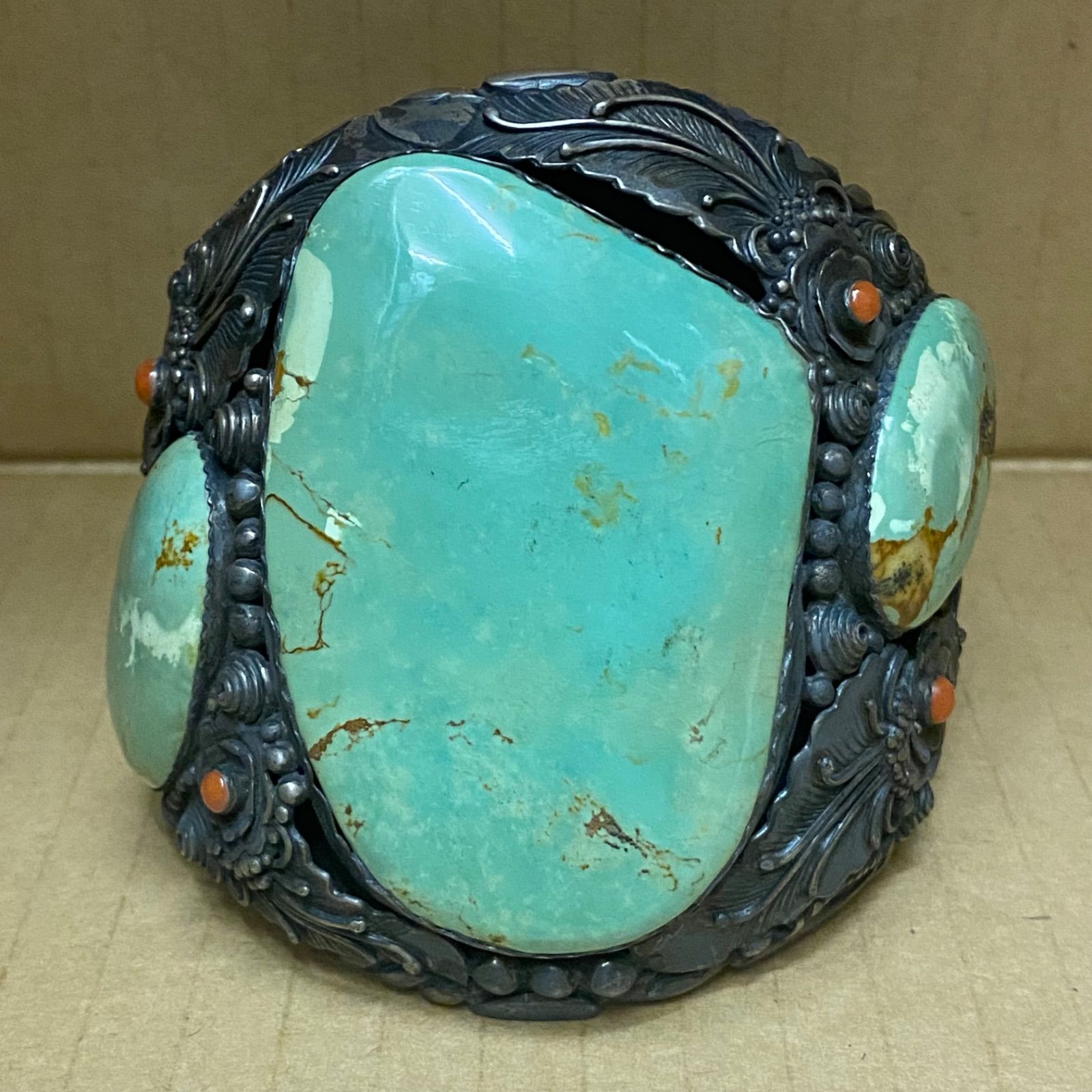 グリーンターコイズ ブレスレット バングル ハンドメイド クラスタータイプ Silver 925 腕 ネイティブ インディアン メンズ バイカー インディアンジュエリー