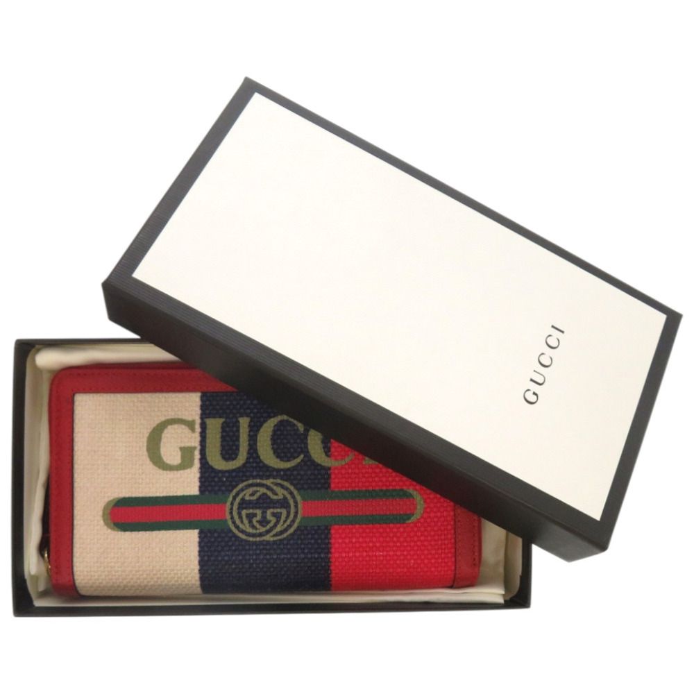 グッチ トリコロール プリント ジップアラウンドウォレット 524790 キャンバス レザー レッド 赤 長財布 0829 GUCCI
