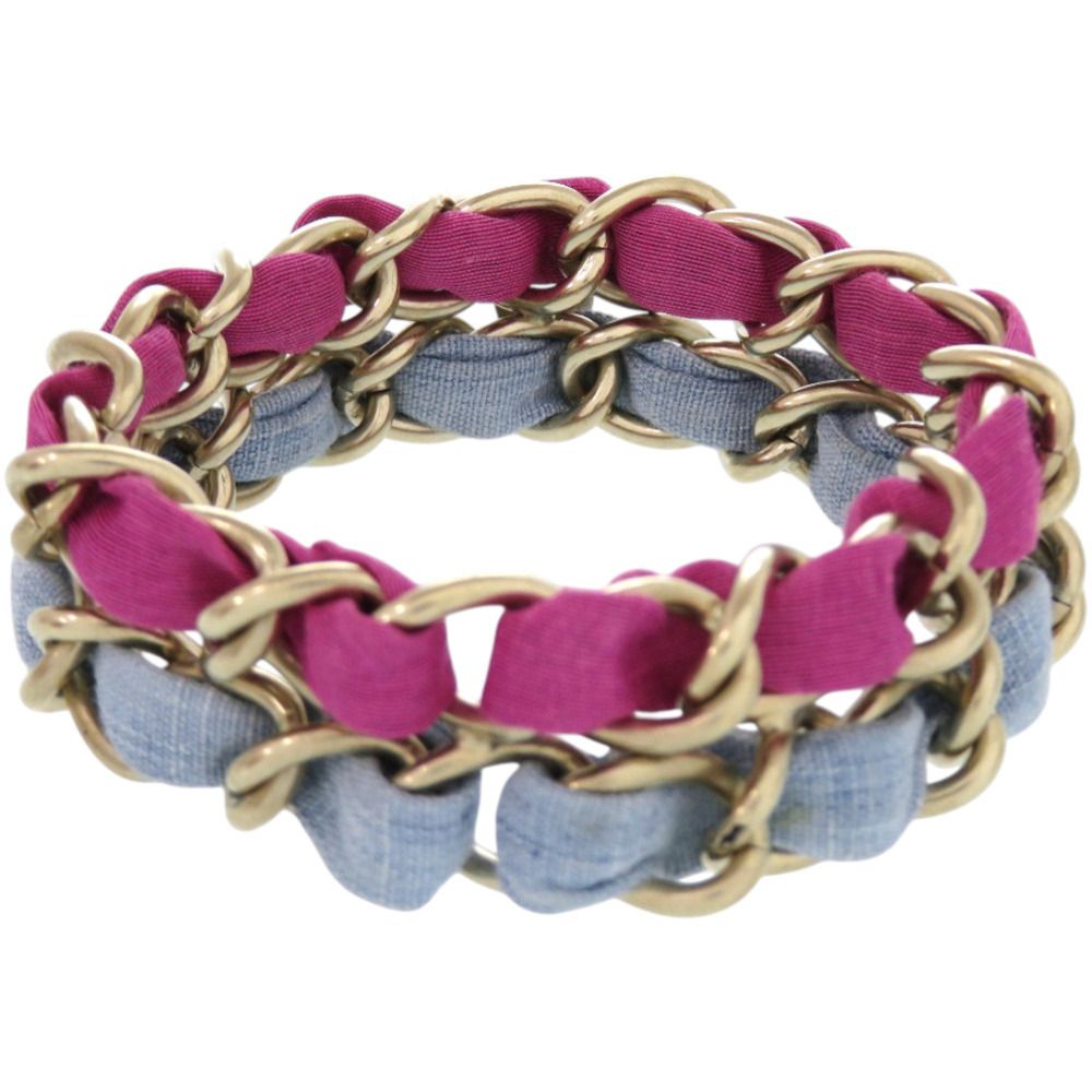 シャネル 2連チェーン ココマーク メタル ファブリック パープル 水色 ブレスレット 0837 CHANEL