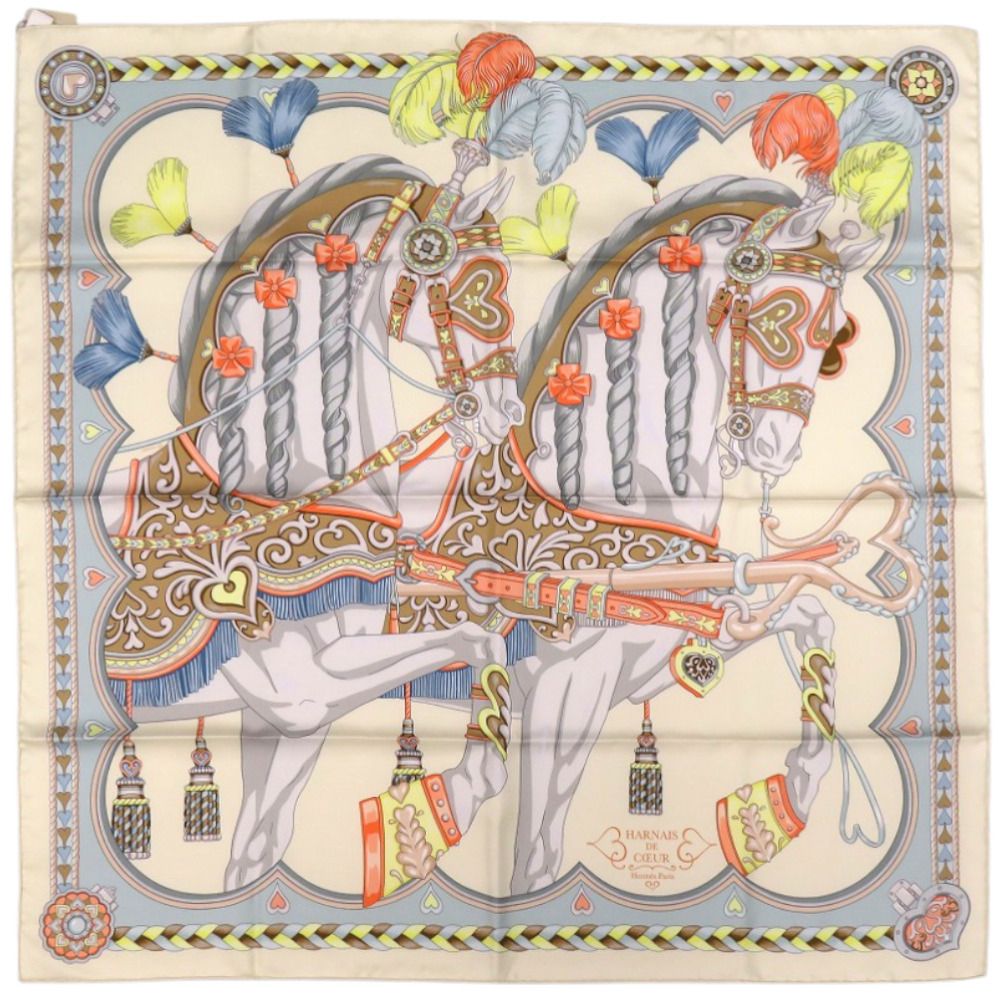 エルメス カレ90 アルネ ドゥ クール シルク クレーム グリペルル アプリコット クリーム スカーフ 0758 HERMES