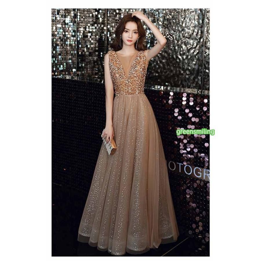 パーティードレス ロング丈 演奏会 ノースリーブ キラキラ 透け感 ドレス 大人