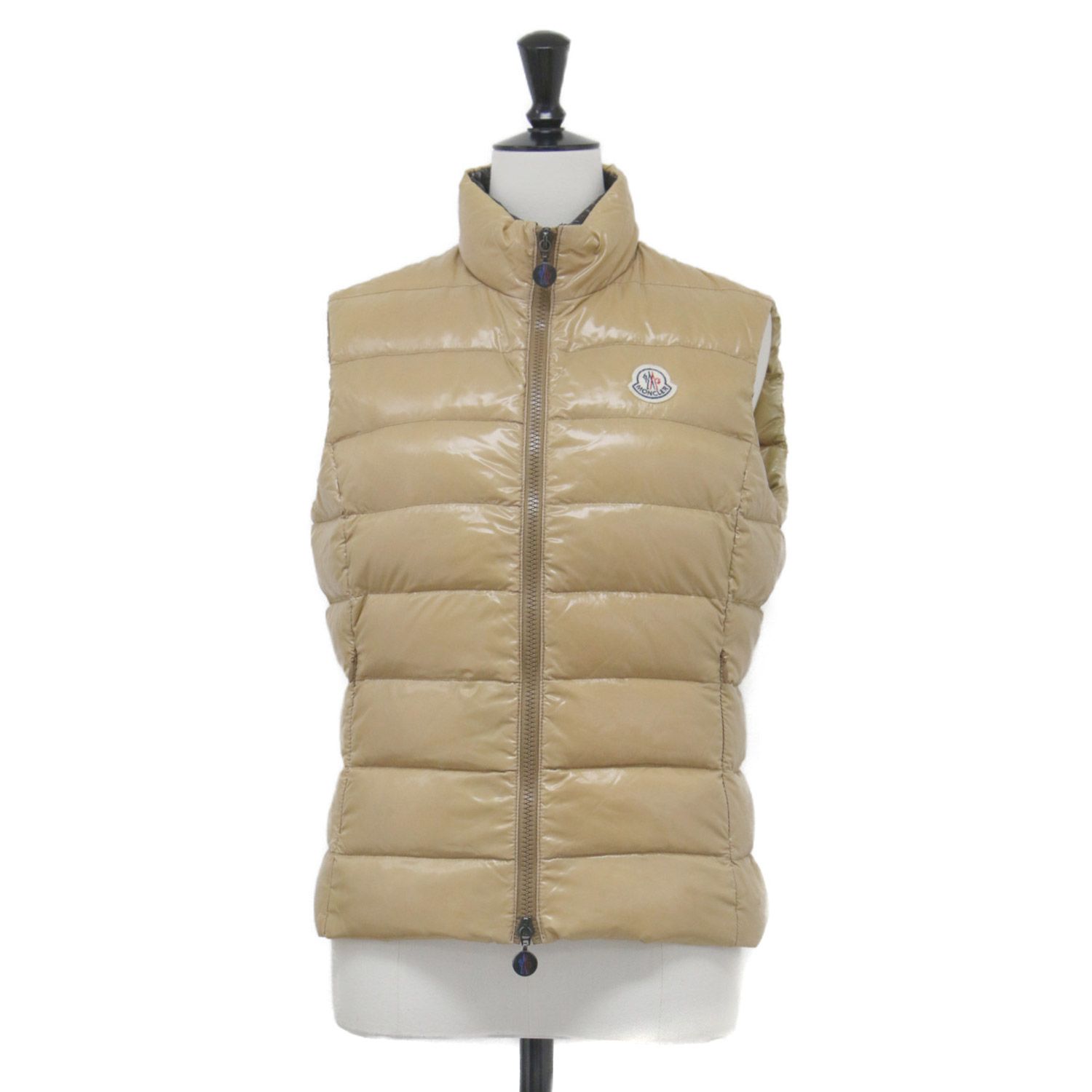 MONCLER モンクレール ダウンベスト ベージュ サイズ 0 S GHANY GILET スタンド ダブルジップ ワッペン ロゴ ナイロン アウター ジャケット 上着 レディース