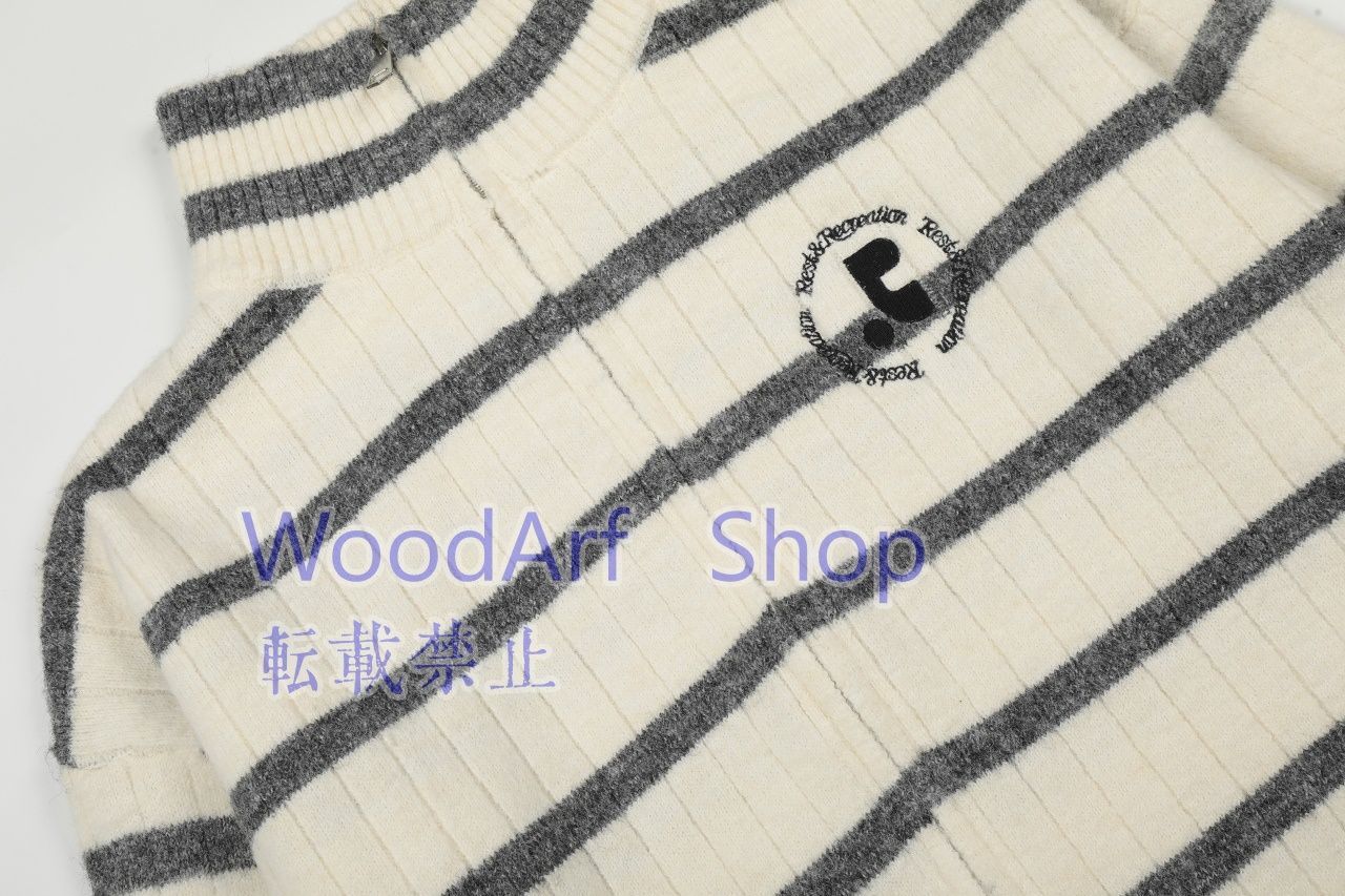 刺繍ロゴレトロストライプタートルネックスタンドネックジップニットカーディガンゆったりタイプカジュアルけだるさセーター