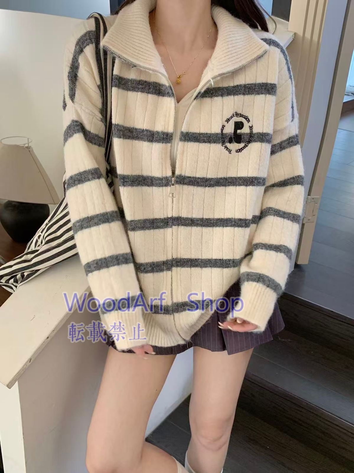 Rest-Receation定番刺繍ロゴレトロストライプタートルネックスタンドネックジップニットカーディガンゆったりタイプカジュアルけだるさセーター