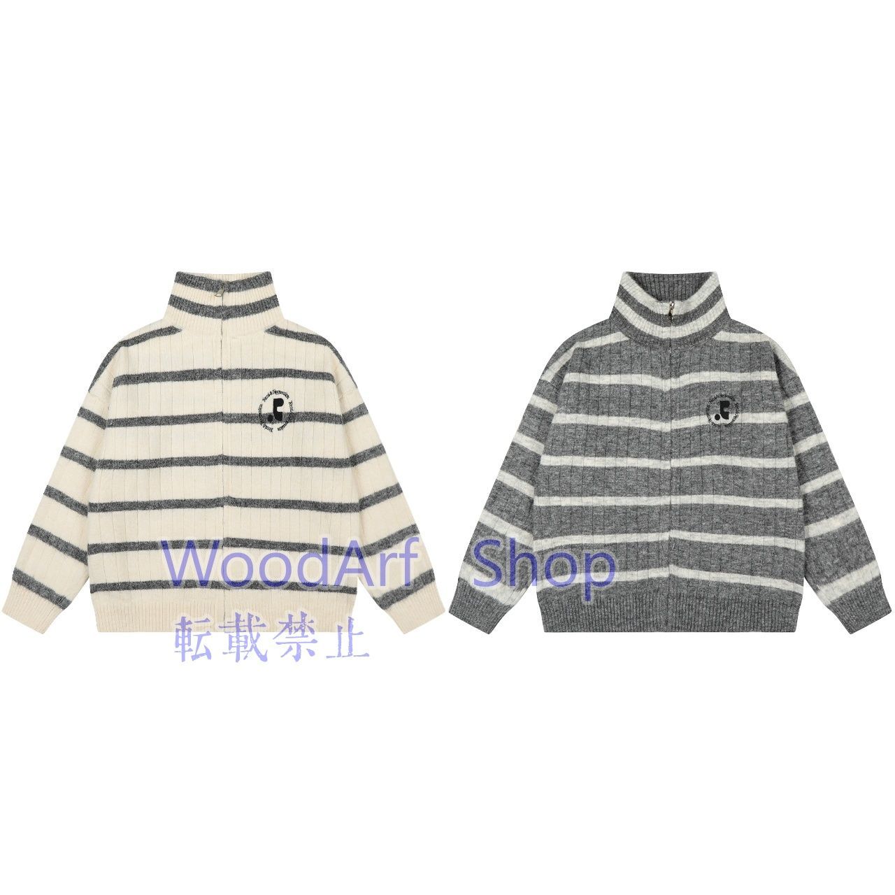 Rest-Receation 刺繍ロゴレトロストライプタートルネックスタンドネックジップニットカーディガンゆったりタイプカジュアルけだるさセーター