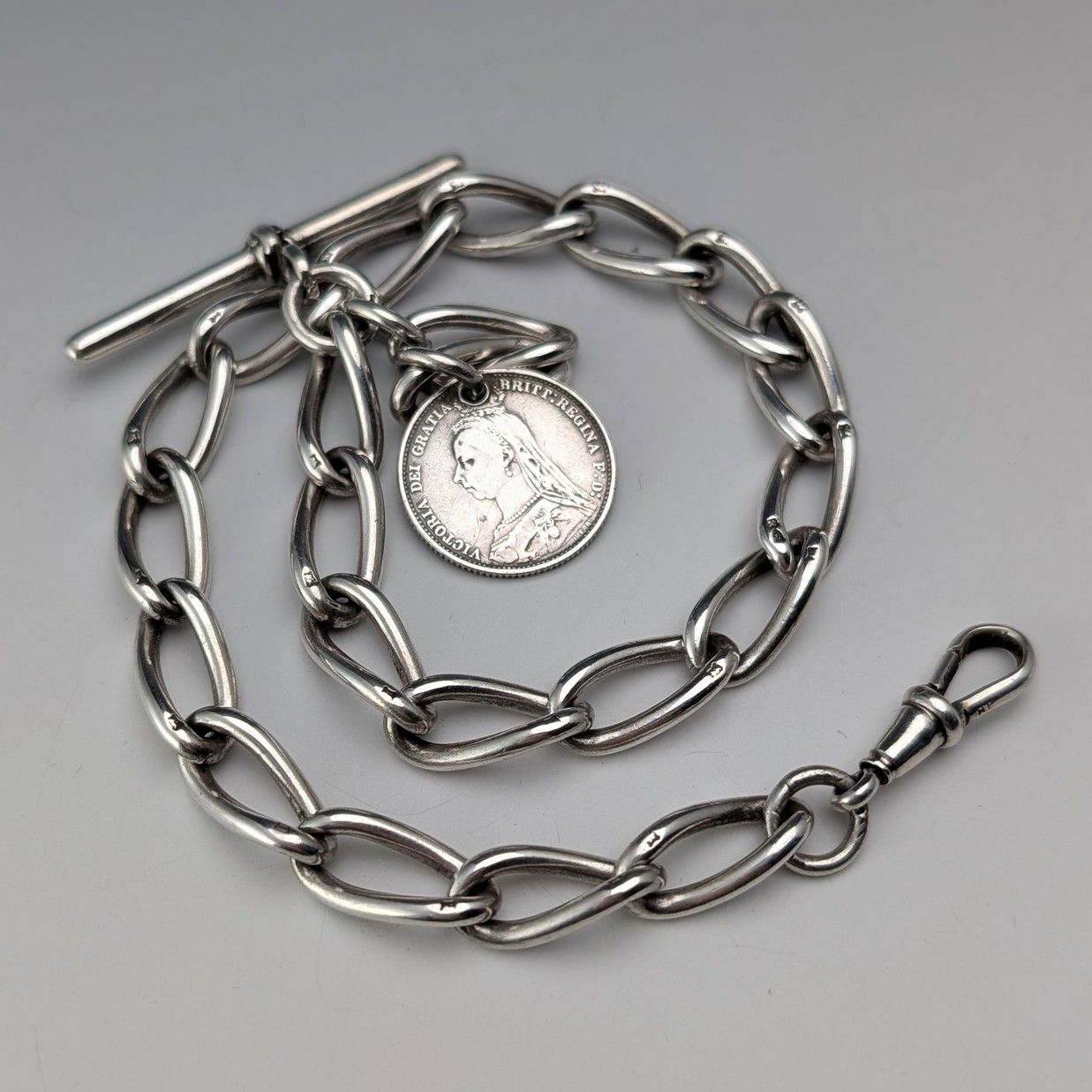 1929年 英国ヴィンテージ 純銀製アルバートチェーン 42g 英国6ペンス銀貨フォブ