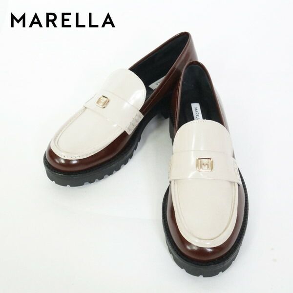 85 OFF マレーラ MARELLA 靴 37 ES353 23.5cm ブラウン ベージュ レディース ローファー レザーローファー 牛革 イタリア製