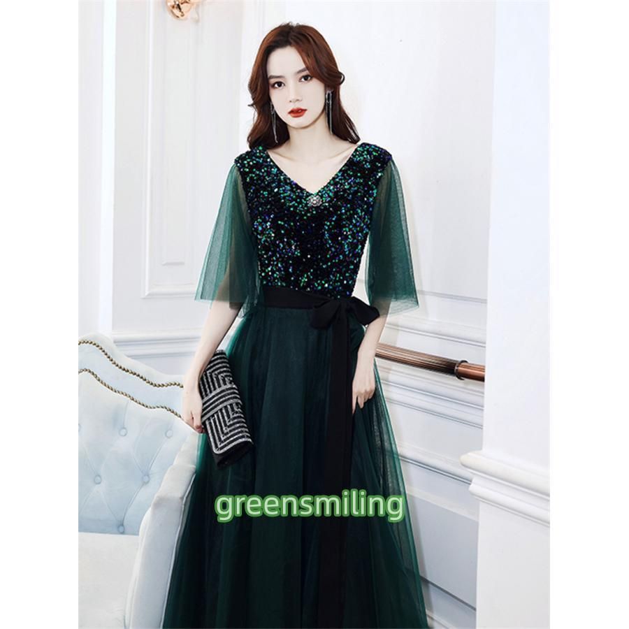 ドレス ファスナー パーティードレス フォーマルドレス ロングドレス ベルスリーブ グリーン Vネック 結婚式 二次会 発表会 花柄