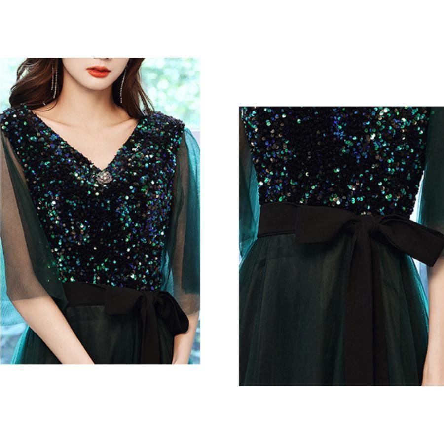 ドレス ファスナー パーティードレス フォーマルドレス ロングドレス ベルスリーブ グリーン Vネック 結婚式 二次会 発表会 花柄 MAAHADDERANG_COM