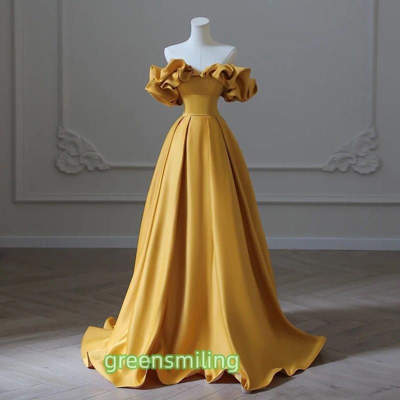 ドレス イー オフショルダー 黄 パーティードレス ロングドレス 結婚式 二次会 発表会 演奏会 ウェディングドレス