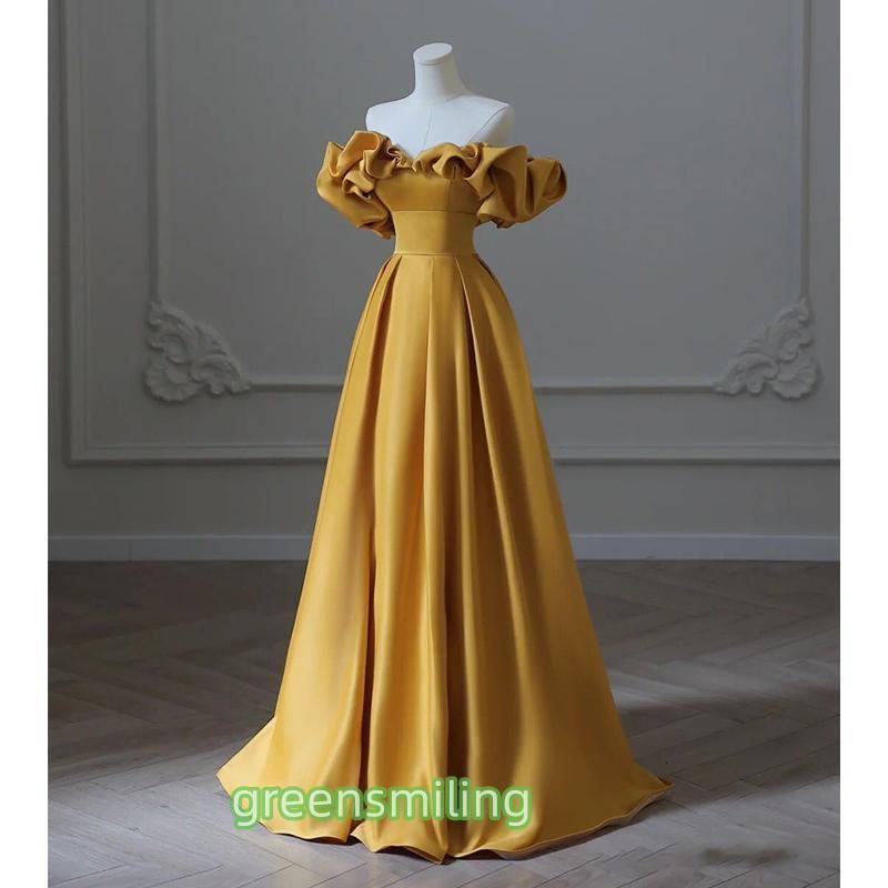 ドレス イー オフショルダー 黄 パーティードレス ロングドレス 結婚式 二次会 発表会 演奏会 ウェディングドレス