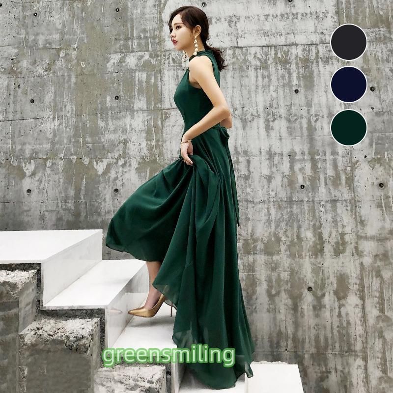 ドレス グリーン ブラック ネイビー ファスナー パーティードレス フォーマルドレス ロングドレス ホルターネック 結婚式 二次会
