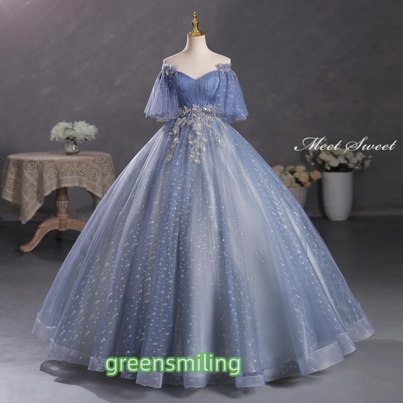 ドレス 編み上げ ブルー ベルスリーブ ロングドレス 結婚式 二次会 発表会 演奏会 ウェディングドレス ウエディングドレス 花嫁